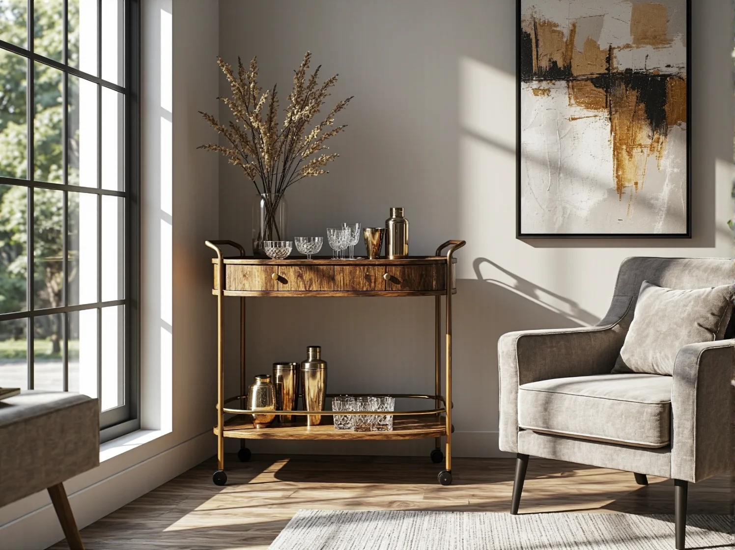 Złote i szklane dodatki w stylu glamour idealne do dekoracji małego mieszkania.