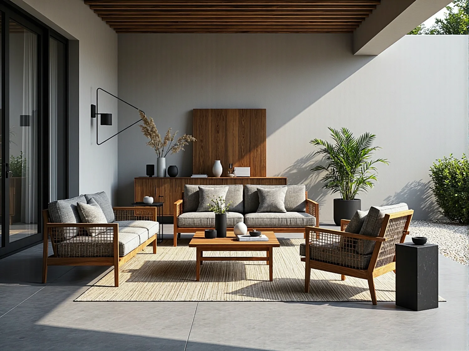 Eleganckie kwadratowe lampy stojące na minimalistycznym tarasie z betonu i drewna w harmonijnym stylu.