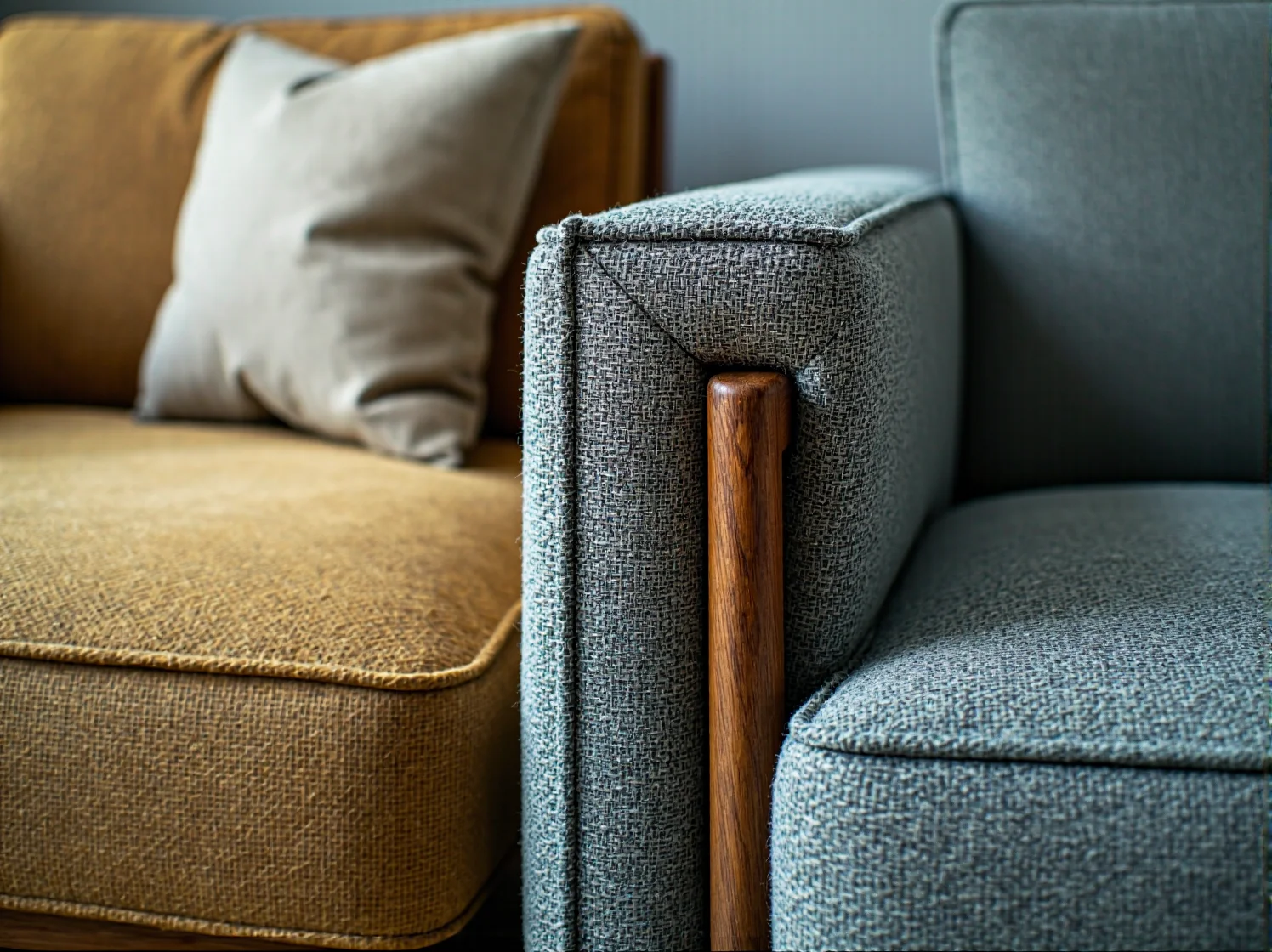 Granatowy fotel w stylu art déco na tle geometrycznej tapety