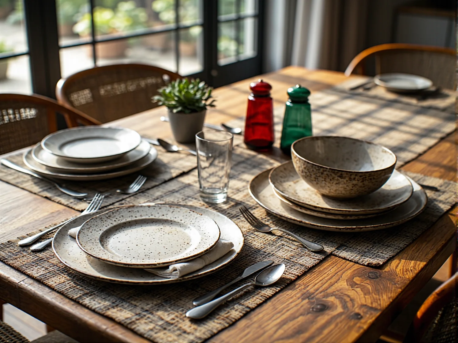 Jasne kolory i lustro optycznie powiększające małą jadalnię vintage