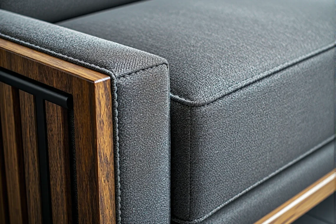 Grafitowa sofa tapicerowana z drewnianym wykończeniem podłokietnika