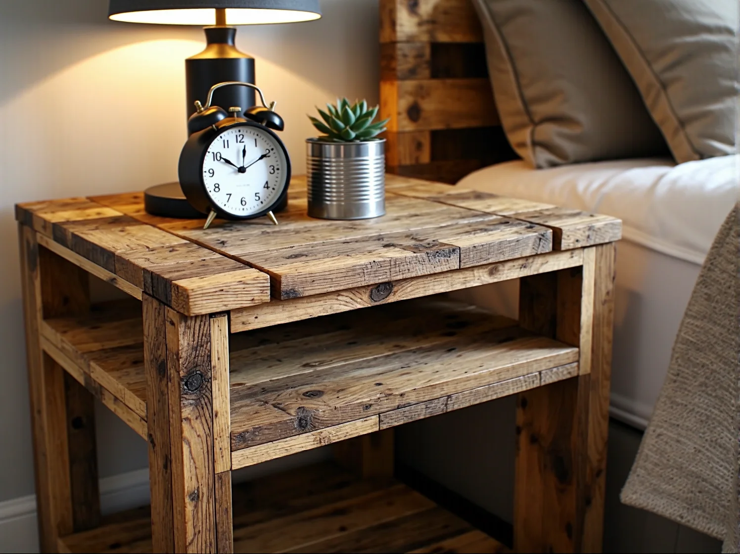 Stylowe łóżko wykonane z drewna z odzysku. Idealne rozwiązanie do zrównoważonej i nowoczesnej sypialni.