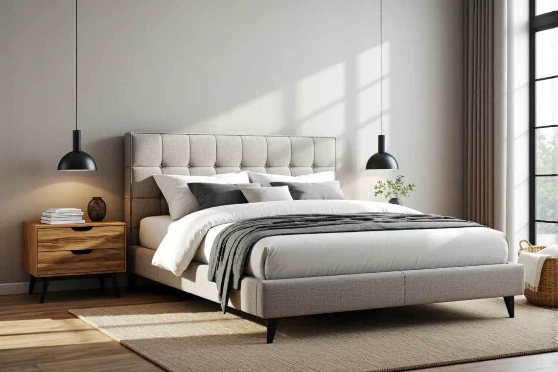 Tapicerowane łóżko dwuosobowe szare z pikowanym zagłówkiem