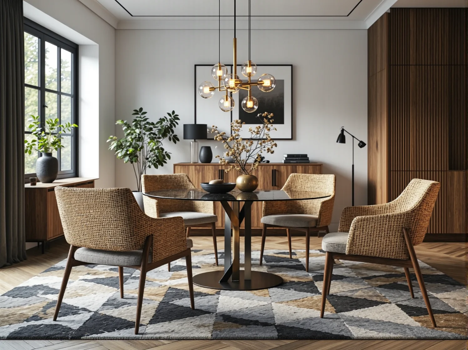 Duże lustro i kryształowy żyrandol glamour optycznie powiększające małą przestrzeń.