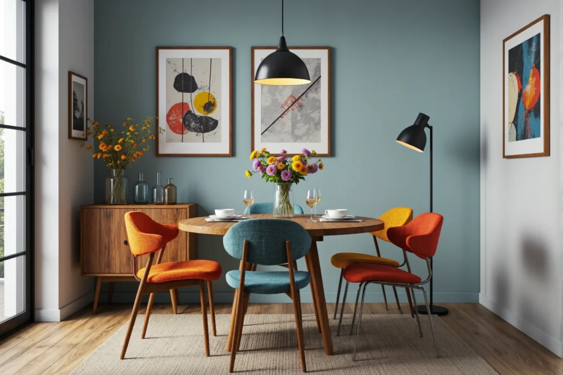 Okrągły stół jadalniany dębowy z kolorowymi krzesłami tapicerowanymi