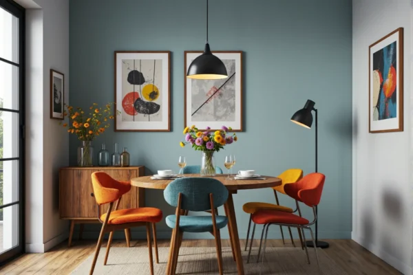 Okrągły stół jadalniany dębowy z kolorowymi krzesłami tapicerowanymi