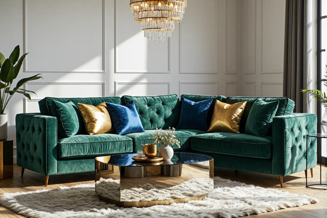 Narożnik welurowy zielony pikowany ze złotymi nóżkami