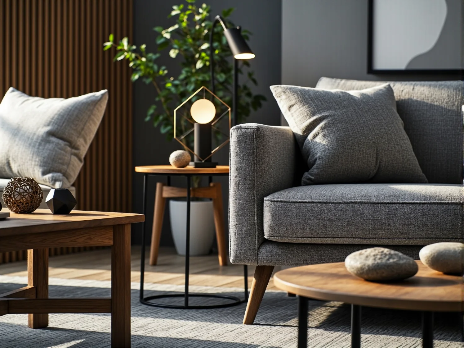 Minimalistyczne meble na tarasie oświetlone przez okrągłe i kwadratowe lampy tworzące harmonijny nastrój.