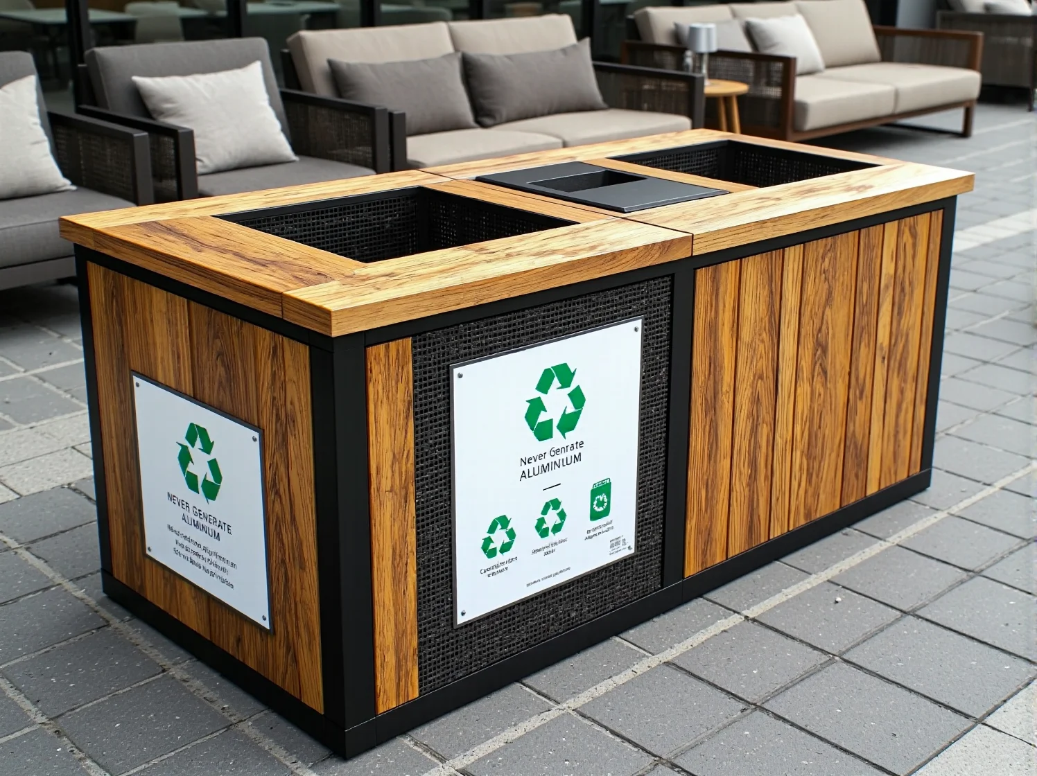 Siedziska i kosze z plastiku z recyklingu, zrównoważone meble do przestrzeni publicznych.