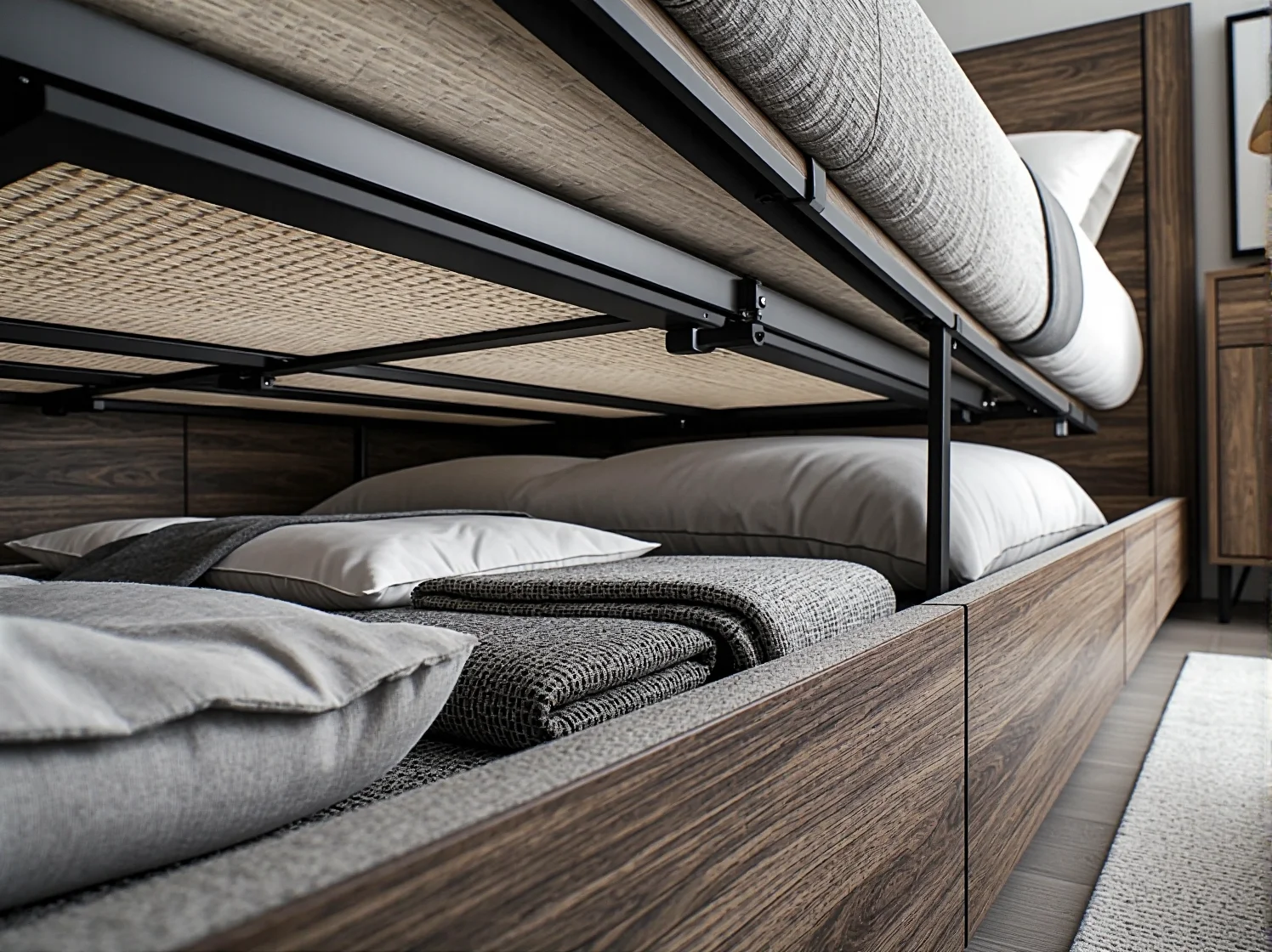 Mechanizm podnoszenia stelaża w drewnianym łóżku z pojemnikiem na pościel.