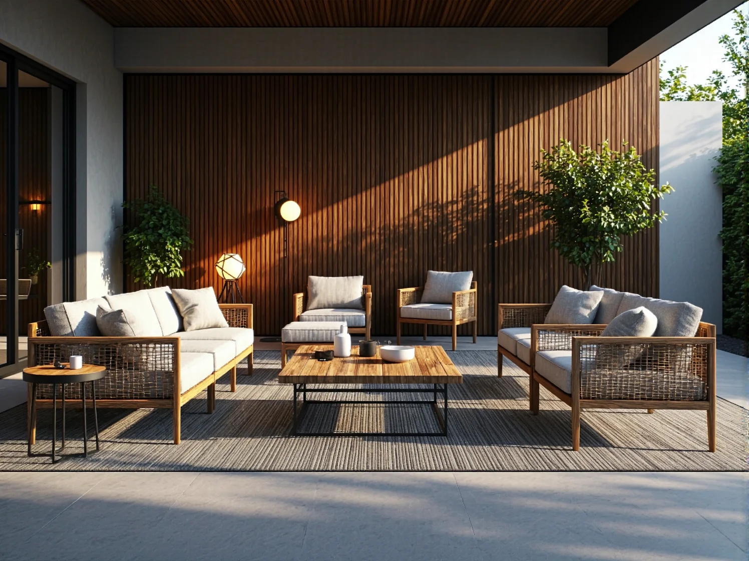 Nowoczesne oświetlenie tarasu z wykorzystaniem wiszących trójkątnych lamp geometrycznych wieczorową porą.