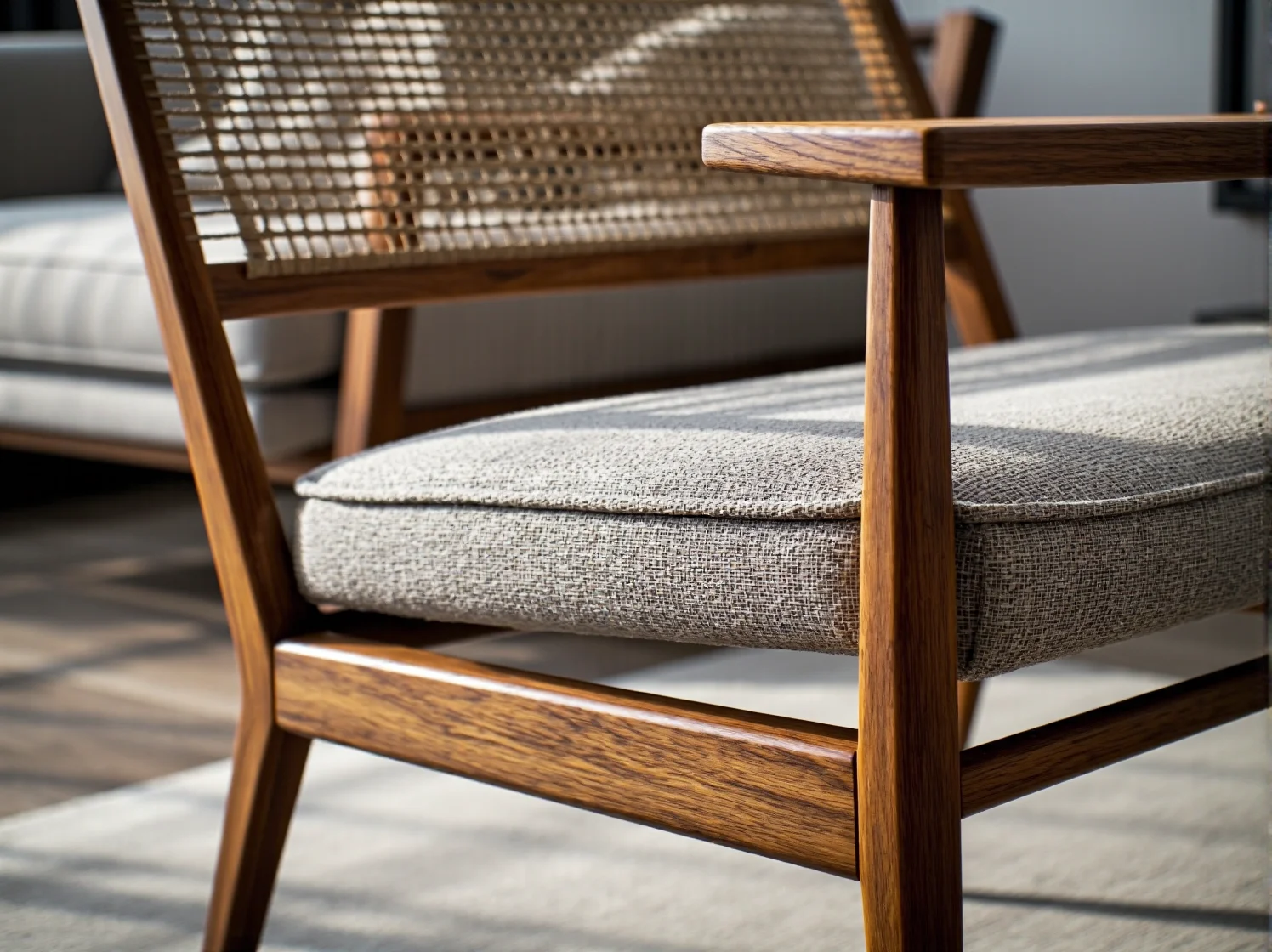 Odkurzanie jasnej tapicerki narożnika w salonie. Regularna pielęgnacja mebli wypoczynkowych wydłuża ich żywotność.