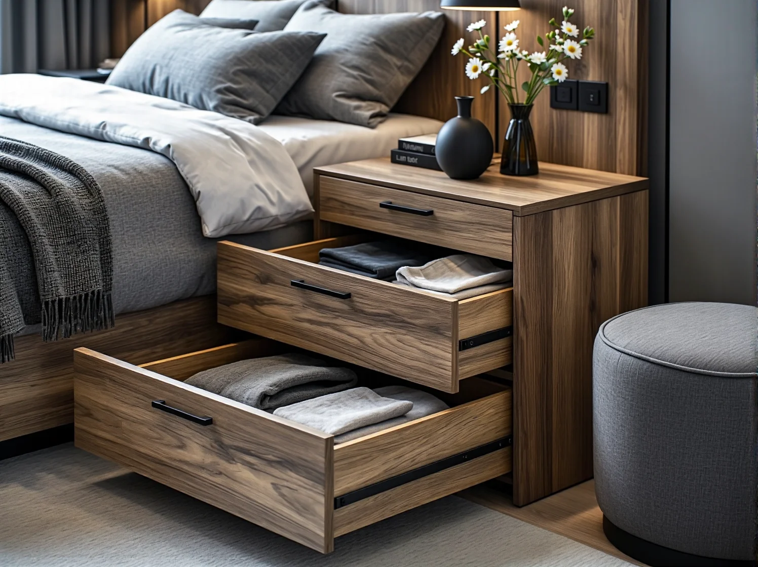 Zorganizowana przestrzeń pod materacem w łóżku z pojemnikiem, pudełka i pościel.