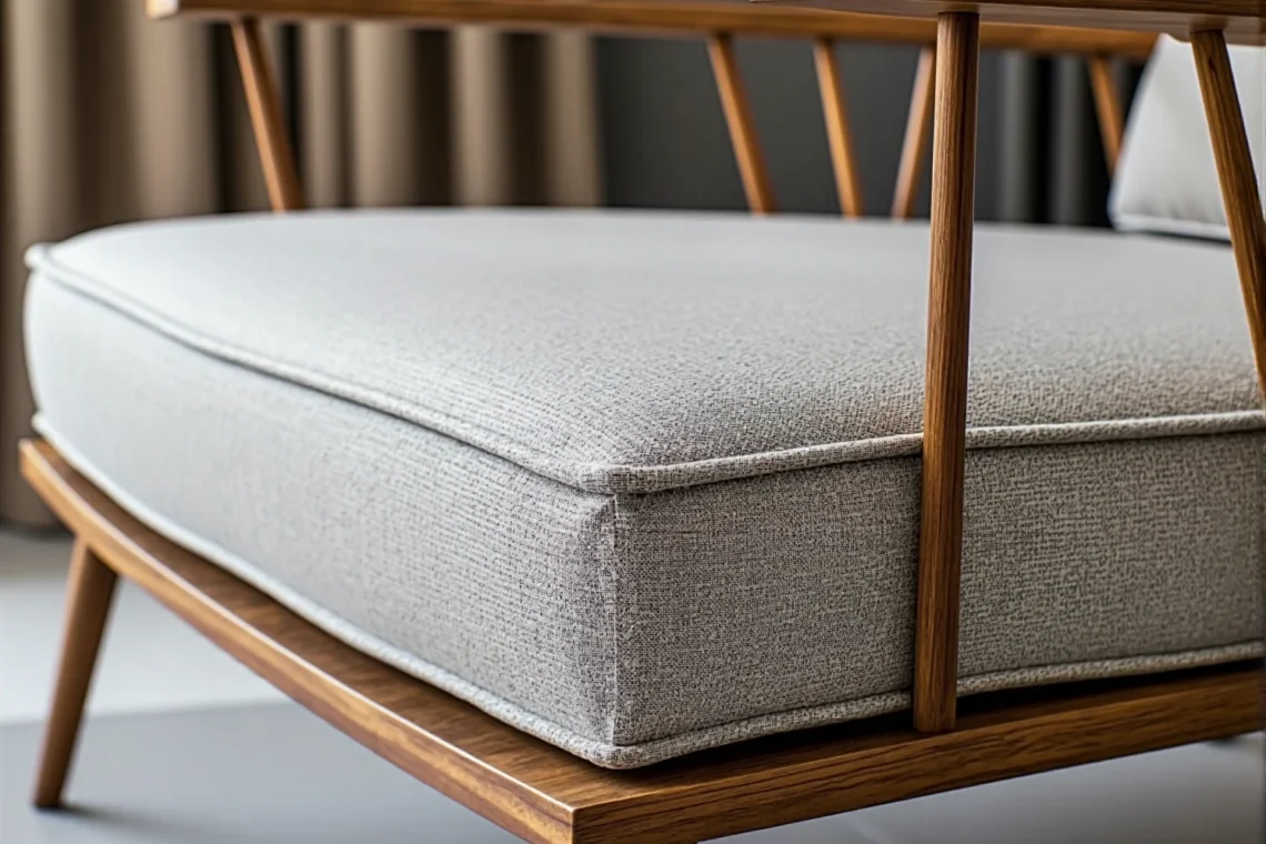 Fotel retro z drewnianym szkieletem i szarą tapicerką