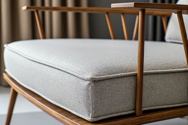 Fotel retro z drewnianym szkieletem i szarą tapicerką