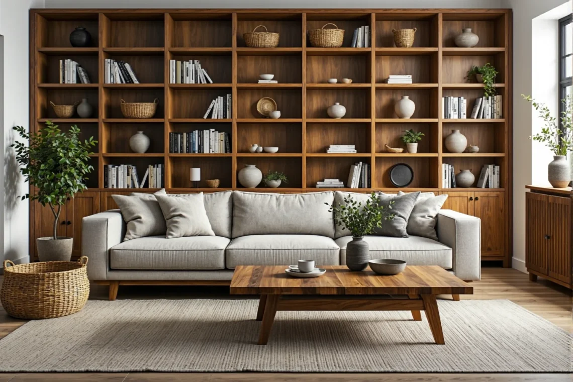 Duży regał ścienny orzechowy z otwartymi półkami na książki