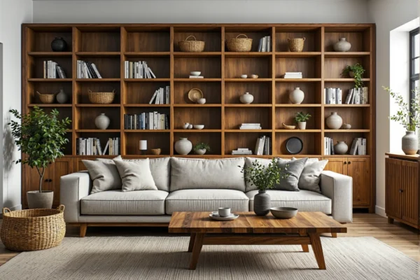 Duży regał ścienny orzechowy z otwartymi półkami na książki