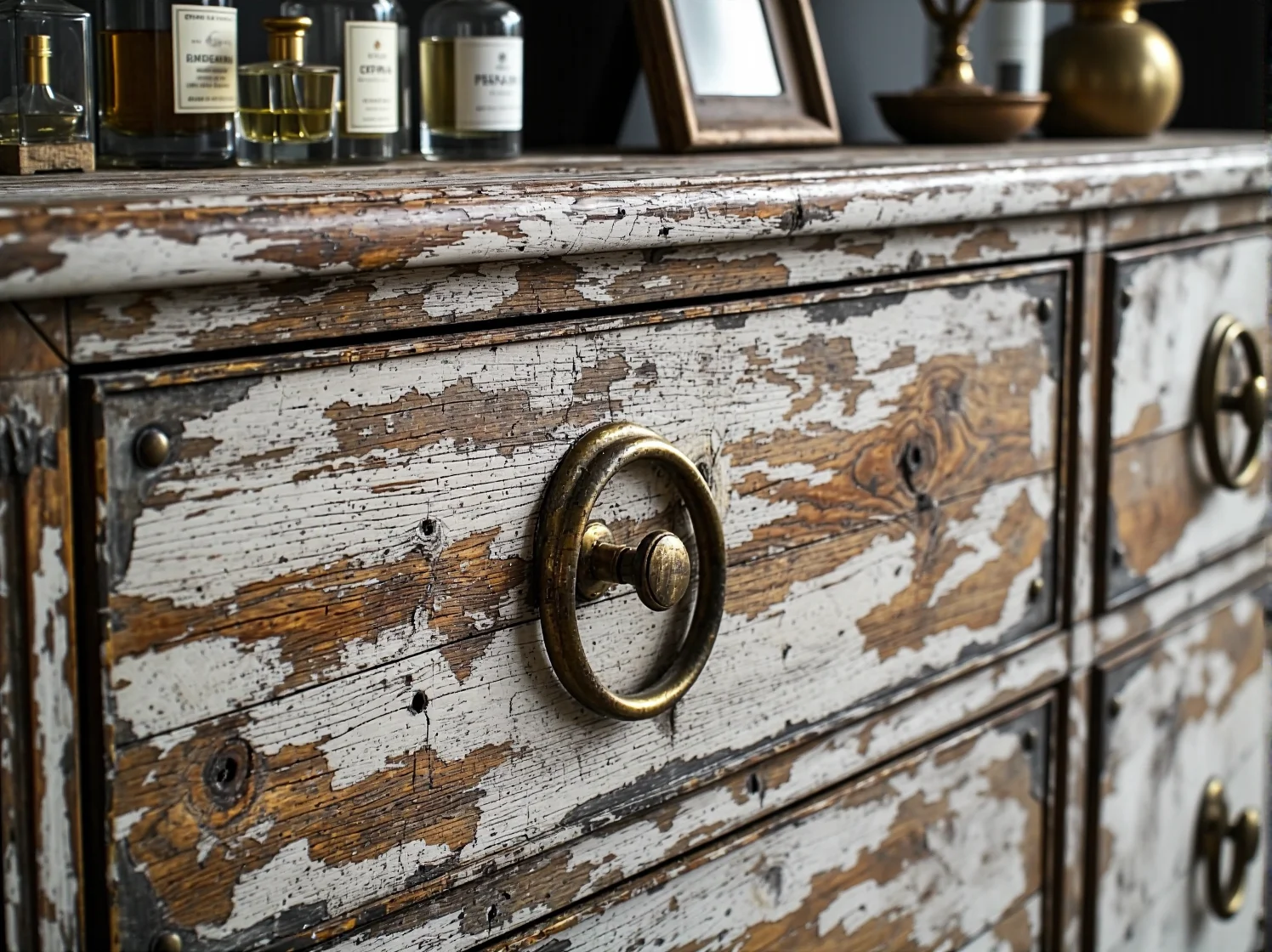 Technika przecierania drewna na starym krześle shabby chic.