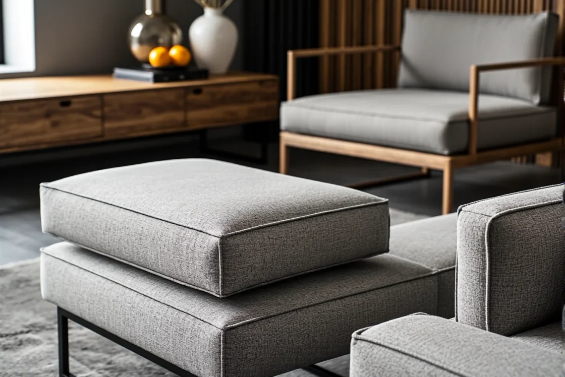 Szara tapicerowana pufa na metalowej ramie z zestawem wypoczynkowym