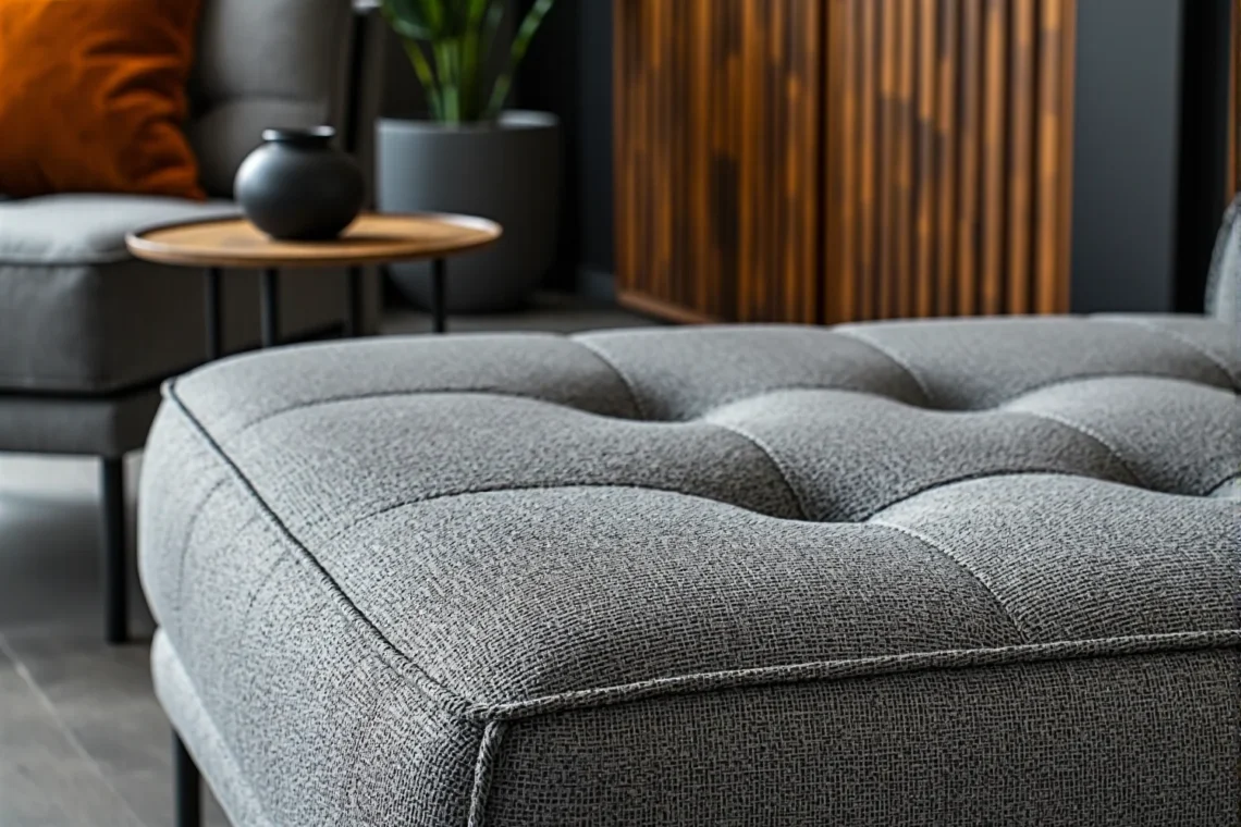 Szara tapicerowana pufa z pikowanym siedziskiem na metalowych nóżkach