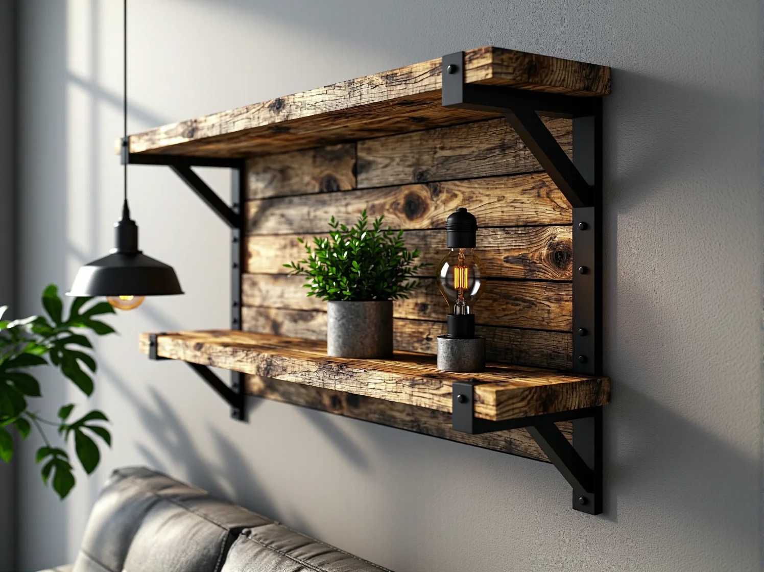 Industrialny regał ścienny z czarnego metalu i dębowego drewna z dekoracjami w loftowym wnętrzu.