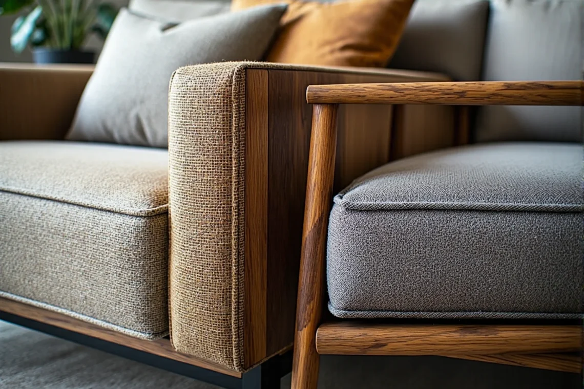 Szara sofa z drewnianym stelażem dębowym i tapicerowanymi podłokietnikami