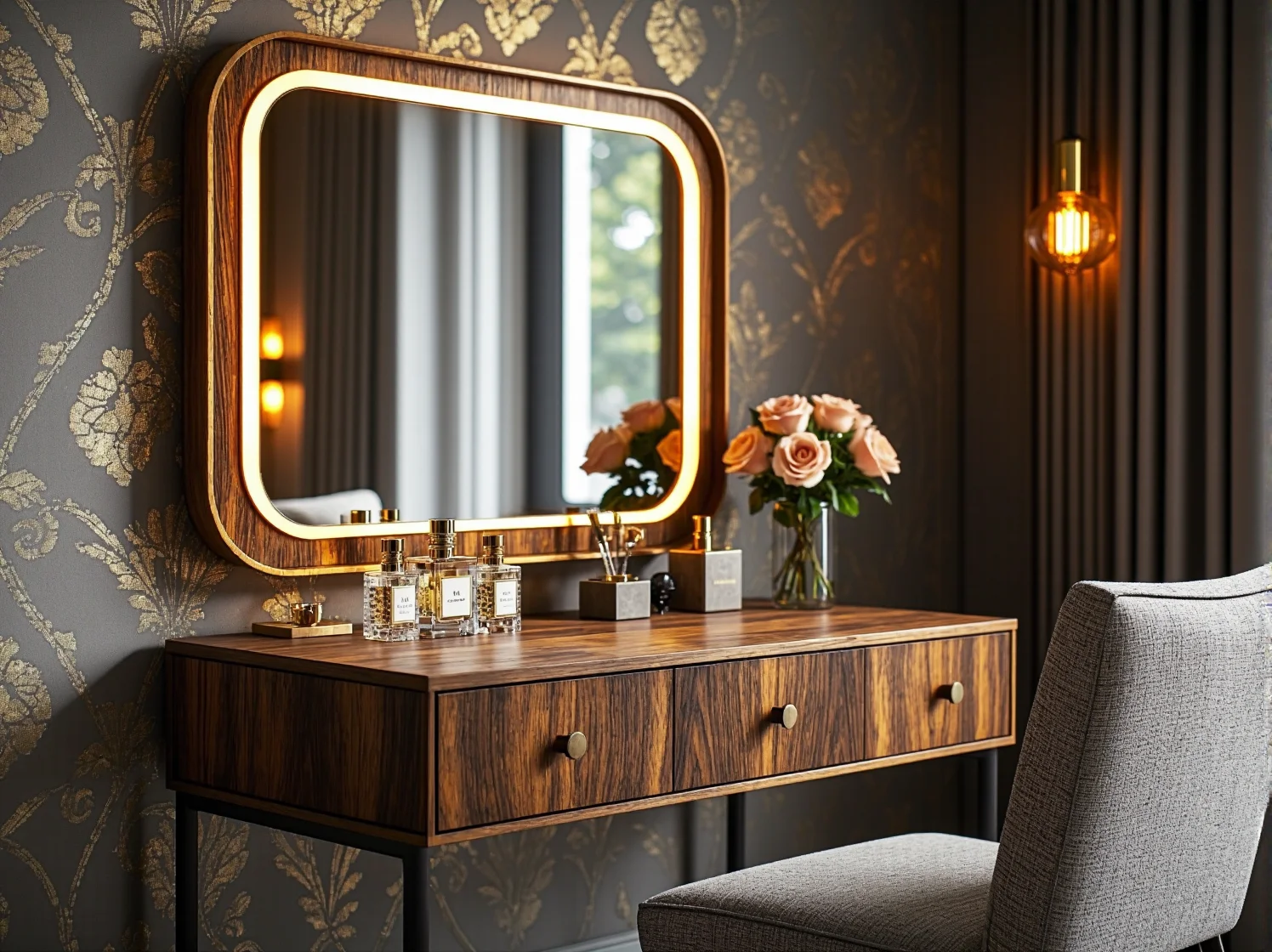 Welurowa sofa glamour z pikowaniem i złote dodatki w małym pokoju dziennym.