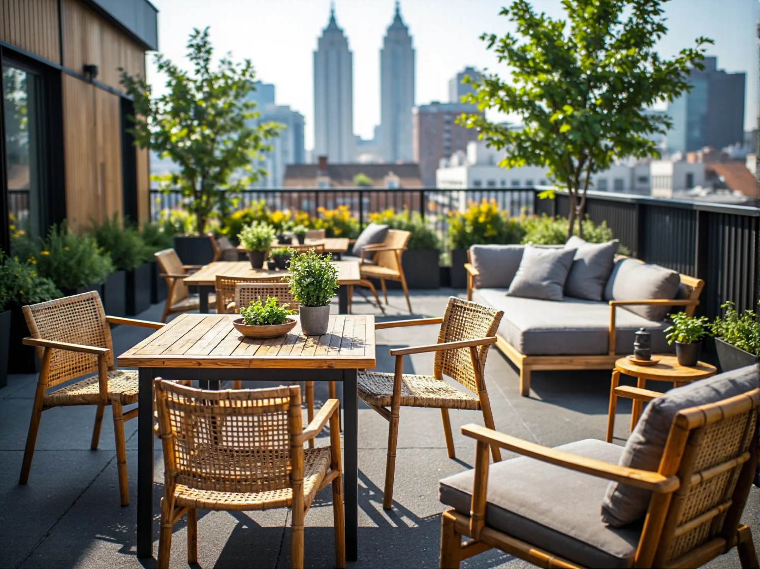 Nowoczesne strefy rekreacyjne z solarnymi meblami miejskimi, ekologiczne rozwiązania.