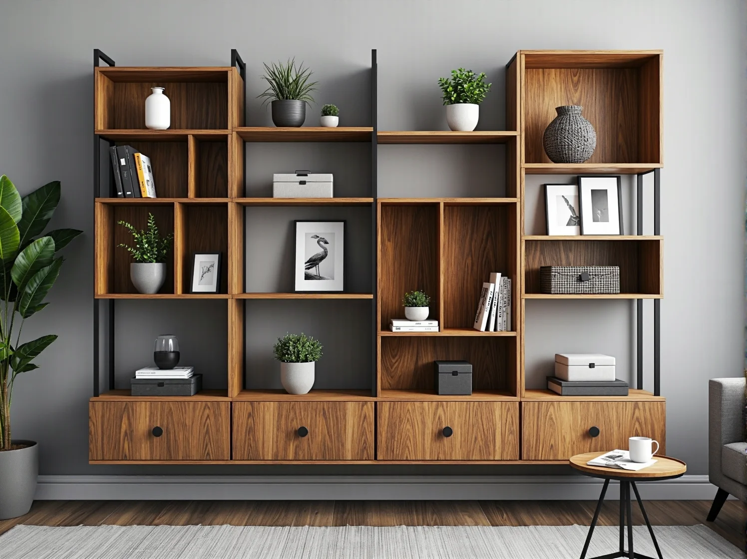 Sprytne schowki i pojemne regały w aranżacji małego pokoju dziennego.