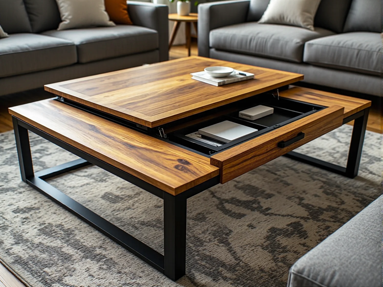 Kompaktowy stolik kawowy z funkcją przechowywania idealny do małego salonu.