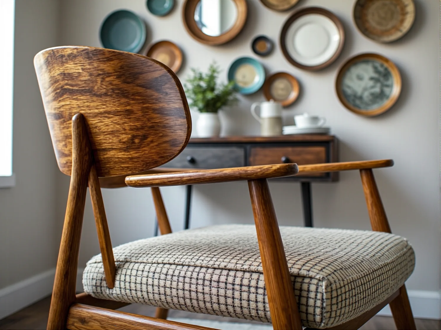 Stylowe dodatki i oświetlenie w małej jadalni inspirowanej stylem vintage