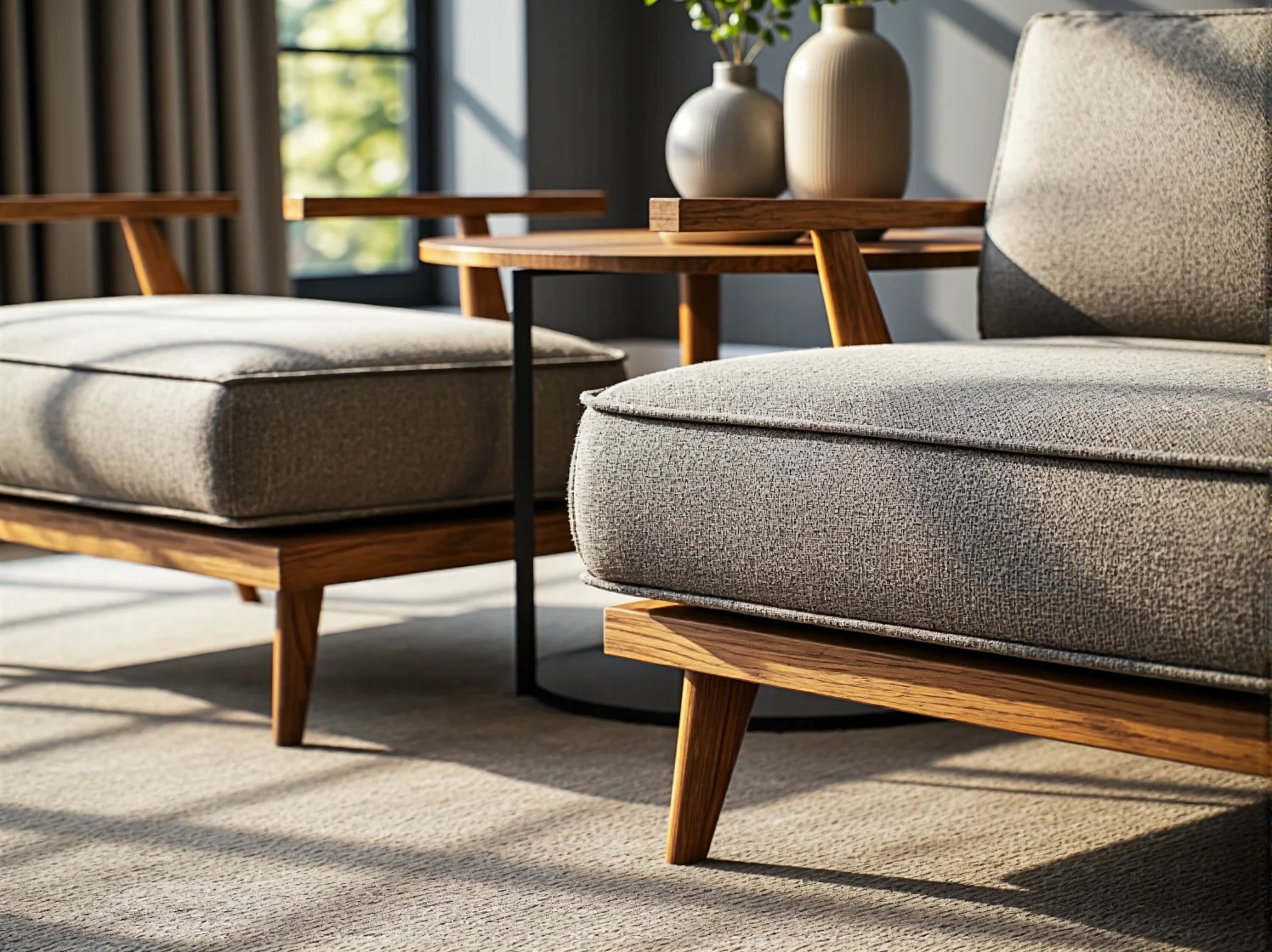 Szare łóżko modułowe idealnie pasujące do stonowanych kolorów wnętrza.