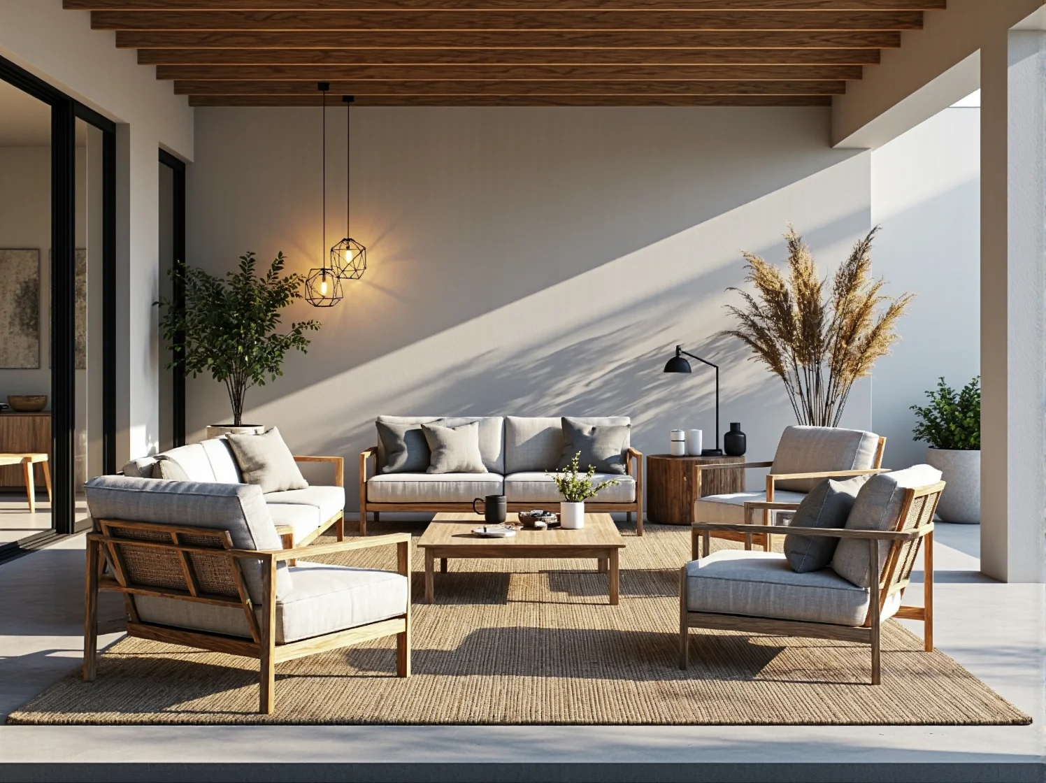 Jak urządzić taras w stylu minimalistycznym z lampami w kształcie geometrycznych figur?