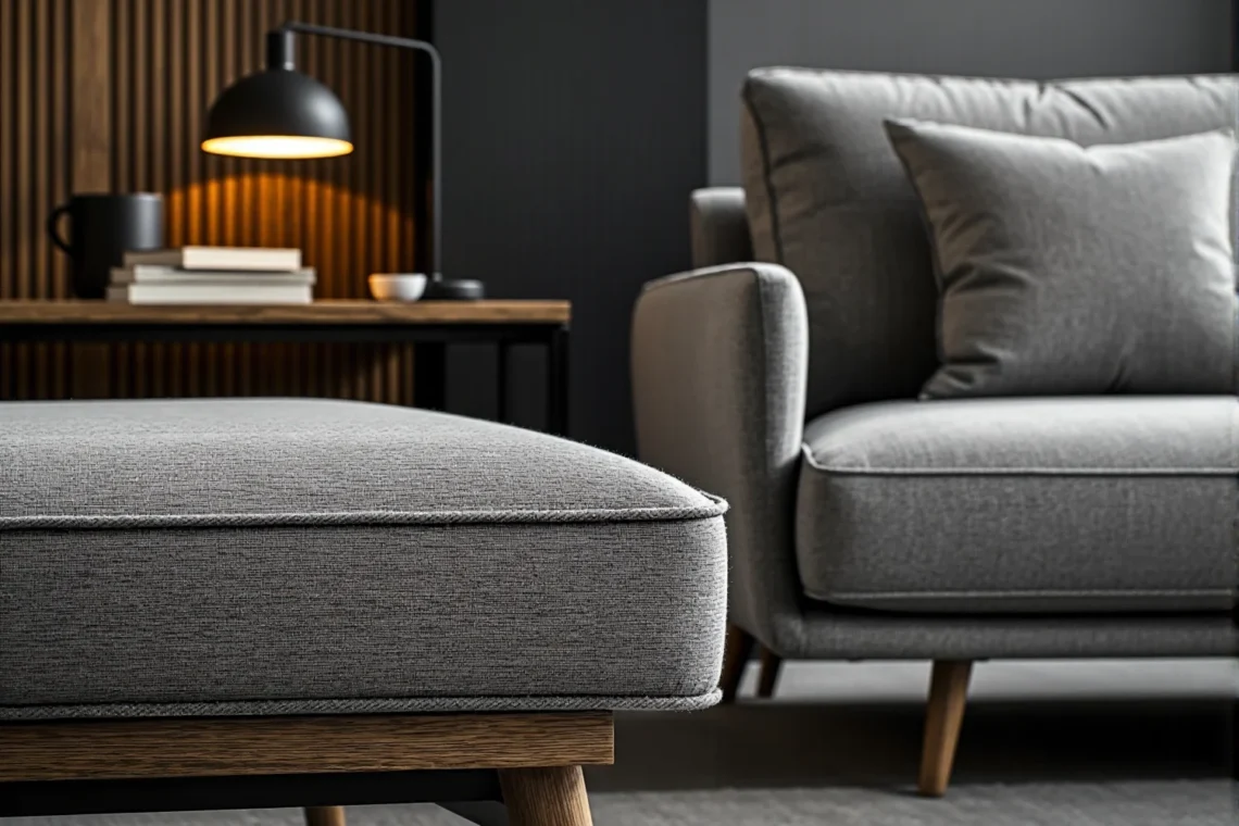 Szara pufa tapicerowana na drewnianych nóżkach z sofą w tle