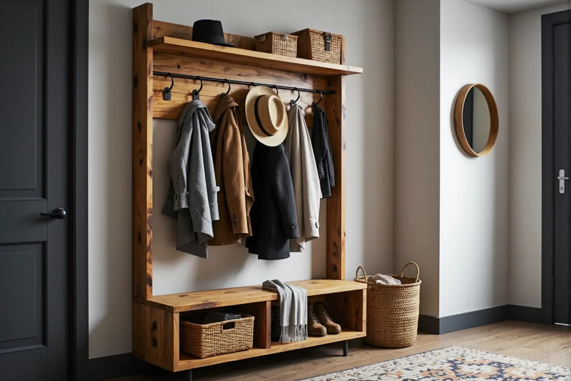 Drewniana garderoba przedpokojowa z wieszakami i ławką na metalowych nóżkach