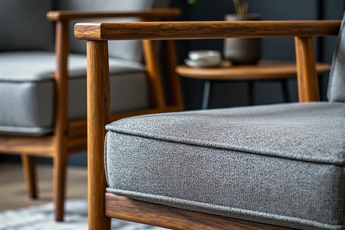 Szary fotel wypoczynkowy z drewnianym szkieletem dębowym